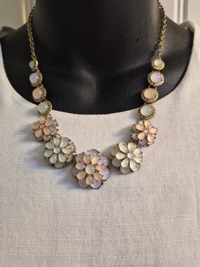 Gold Floral Statement Necklace in Pastel Pink & Cream - Women Jewelry